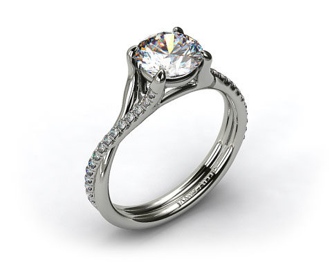 14k White Gold Twisted Pave Shank Contemporary Solitaire